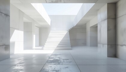 Obraz premium Minimalist architectural interior with bright light illuminating the stairs and concrete walls