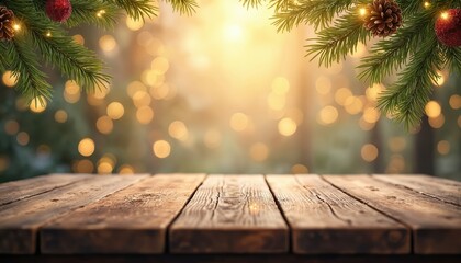 Empty rustic wooden table. Fir tree branches with pinecones and red baubles adorn top edge. Warm golden bokeh lights create festive holiday atmosphere. Perfect background for seasonal product display.