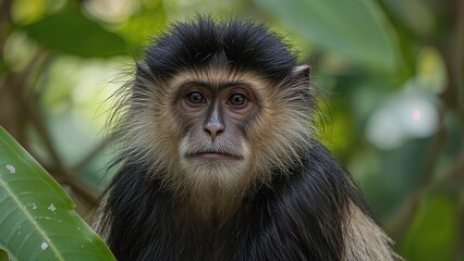 Obraz premium Close-up of a monkey's face surrounded by green leaves, capturing its expressive eyes and detailed fur. Jungle animal and wildlife. Nature and primates. The essence of jungle wildlife.