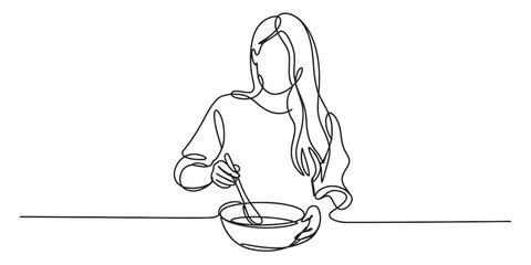 Continuous one line drawing of a woman stirring a bowl with a spoon, minimalist kitchen cooking food preparation activity abstract art design isolated on white Vector