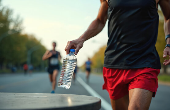 Male athlete grabs water bottle during outdoor marathon race. Runner takes drink from aid station table on street. Focus on fitness, endurance, and hydration for active lifestyle.