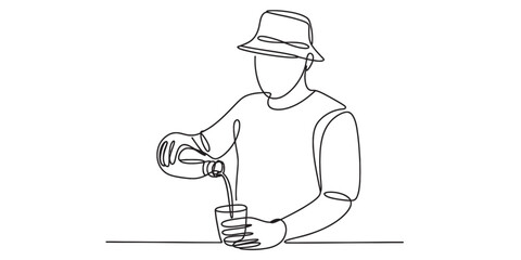 Continuous single line drawing of a person wearing a bucket hat, pouring a drink from a bottle into a glass, minimalist line art concept. Vector