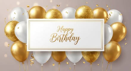 Luxury Happy Birthday Greeting Card or Banner with Golden and White Balloons, Confetti, and Elegant Gold Frame on a Soft Background