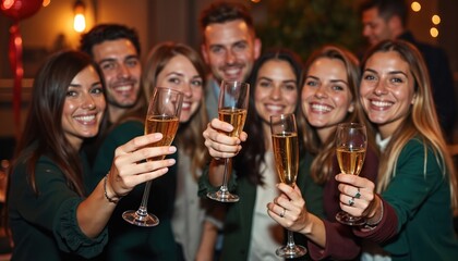 Diverse group of young friends celebrate at night party, toasting champagne flutes. People smile, laugh, and enjoy festive alcohol drinks together at indoor gala event, making happy memories.