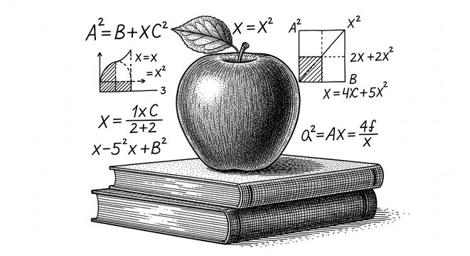 Detailed vintage engraving of red apple on books with math formulas, Newton Day concept on white background