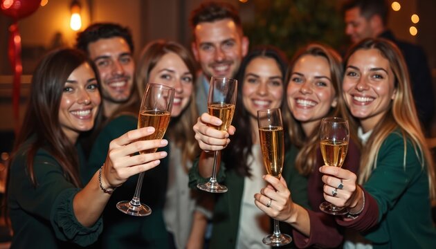 Diverse group of young friends celebrate at night party, toasting champagne flutes. People smile, laugh, and enjoy festive alcohol drinks together at indoor gala event, making happy memories.