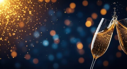 Two Champagne Glasses Toasting with Splash Effect on a Dark Blue Background with Golden Glitter and Bokeh Lights, Celebrating New Year's Eve or Anniversary