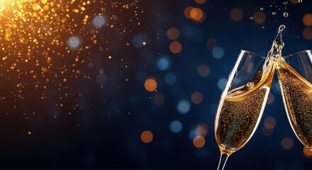 Two Champagne Glasses Toasting with Splash Effect on a Dark Blue Background with Golden Glitter and Bokeh Lights, Celebrating New Year's Eve or Anniversary