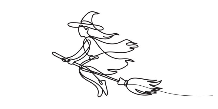 Minimalist continuous line art of a witch character flying on a broomstick, illustrating fantasy magic and spooky halloween celebration design Vector