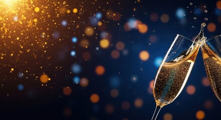 Two Champagne Glasses Toasting with Splash Effect on a Dark Blue Background with Golden Glitter and Bokeh Lights, Celebrating New Year's Eve or Anniversary