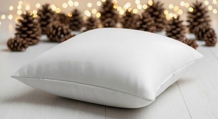 A soft white cushion rests on a wooden surface with pinecones and festive lights in the background.