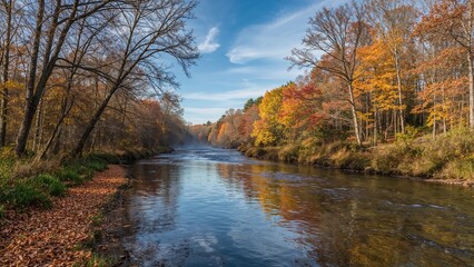 Fototapeta premium Autumn landscape with a river and colorful fall foliage along the banks. Trees with orange, yellow, and brown leaves. Clear sky and calm water.
