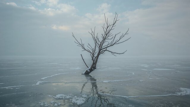 A solitary, leafless tree leaning on frozen water surface under cloudy sky.
