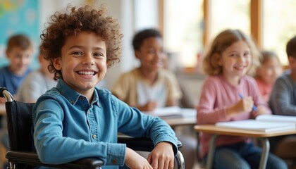 Happy child with disability in wheelchair smiles in classroom. Diverse elementary school students study together. Inclusive education supports kids learning happily at school desks. Young boy grins