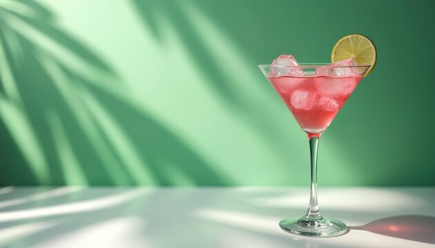 Pink martini with ice cubes and lime slice stays on table. Palm leaf shadows create tropical vibe. Summer fresh cocktail for party time at vacation resorts or bar advert design. - Powered by Adobe