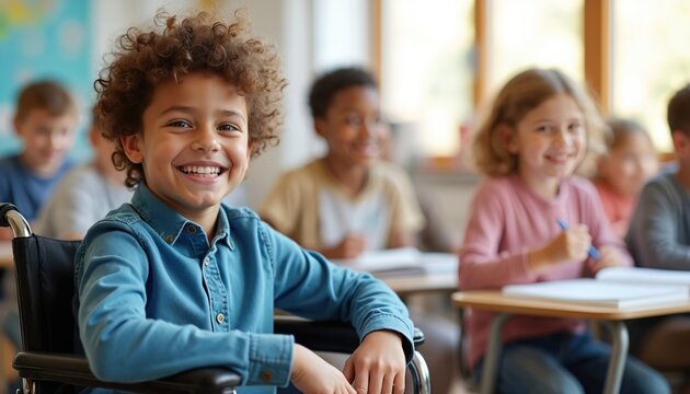 Happy child with disability in wheelchair smiles in classroom. Diverse elementary school students study together. Inclusive education supports kids learning happily at school desks. Young boy grins