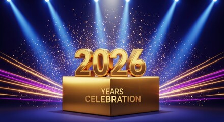 2026 Years Celebration Golden Text on a Square Stage Podium with Blue Spotlights, Confetti, and Dynamic Light Beams for New Year or Anniversary Event