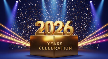 2026 Years Celebration Golden Text on a Square Stage Podium with Blue Spotlights, Confetti, and Dynamic Light Beams for New Year or Anniversary Event