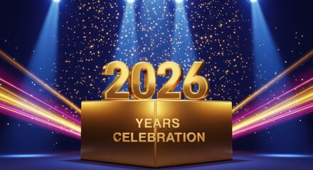 2026 Years Celebration Golden Text on a Square Stage Podium with Blue Spotlights, Confetti, and Dynamic Light Beams for New Year or Anniversary Event