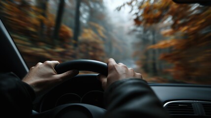 a person's hands on the steering wheel, driving a car down an autumn forest road. the view is from inside the vehicle, with a foggy, cloudy sky. the image has a cinematic, realistic appearance. 