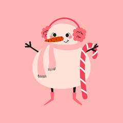 Cheerful pink Christmas snowman in warm fur headphones and boots with a sweet candy cane. Holiday season. Vector illustration.