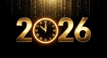 Happy New Year 2026 Golden Text with Clock Striking Midnight, Glittering Dust, and Luxury Black Background for Countdown or Celebration Banner