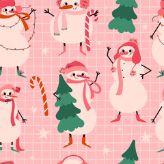 Cheerful pink Christmas snowmen with a Christmas tree, candy cane and stars. Seamless pattern. Holiday season. Vector illustration on a dark pink checkered background.