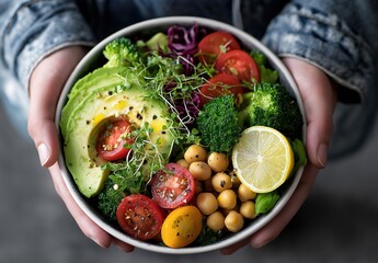 top view of a woman's hands holding a colorful, fresh, and healthy food bowl with avocado, cherry tomatoes, broccoli, and chickpeas on a grey background.