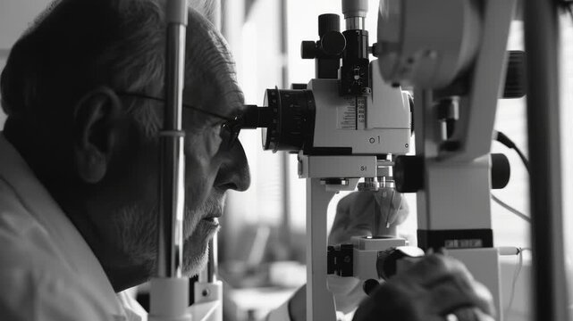 Man examining specimen under microscope