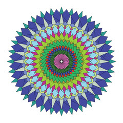 Colorful geometric mandala design with repeating diamond and spiral patterns