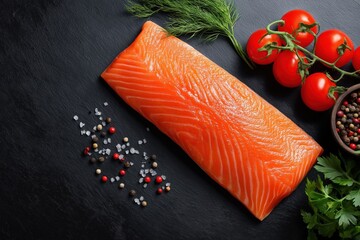 a whole raw salmon fillet on a dark background with spices and vegetables, top view. fishing products for cooking or menu design concept.