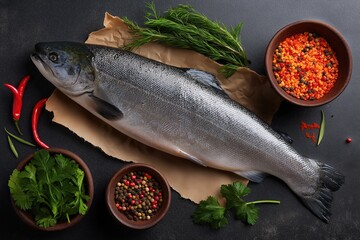 a whole raw salmon fillet on a dark background with spices and vegetables, top view. fishing products for cooking or menu design concept.