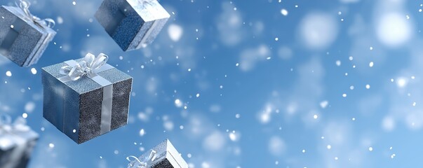 abstract background with falling snow and silver gift boxes, light blue color, silver ribbon bows flying in the air, white space in the center of the composition.
