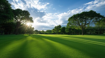 beautiful green grass field in the park with trees and blue sky at sunset. beautiful nature landscape background of a golf course. sunbeams shining through the clouds, a real photograph.