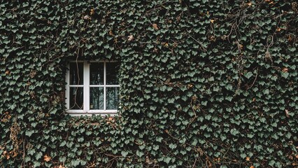A window surrounded by large ivy and greenery covering the wall.