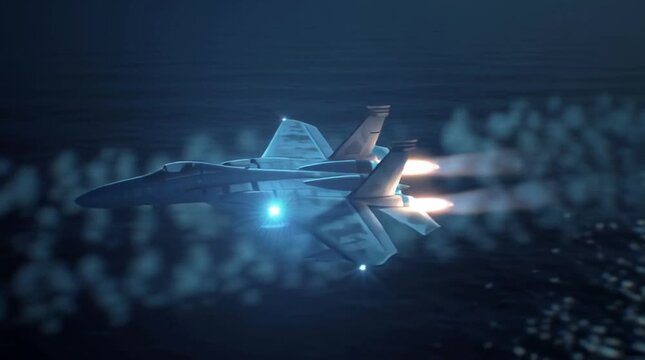 Fighter jets fly over ocean at night with glowing lights