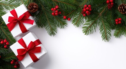christmas and new year background with white gift boxes, red ribbons, christmas tree branches, and decorations on the edges of the photo. flat lay, top view with space for text or decoration. 