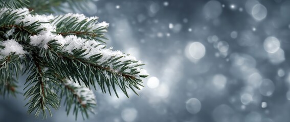 christmas background with a snow-covered fir tree and blurred lights. a winter nature scene with copy space for design, banner, or card. a new year celebration concept. christmas wallpaper. 