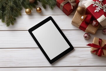 high-quality digital photograph of an empty tablet screen surrounded by christmas decorations and presents on a white wooden background, top view. mockup for design. 
