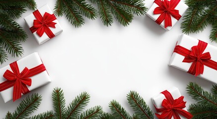 christmas and new year background with white gift boxes, red ribbons, christmas tree branches, and decorations on the edges of the photo. flat lay, top view with space for text or decoration. 