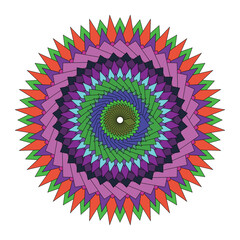 A colorful circular kaleidoscope pattern with repeating geometric shapes