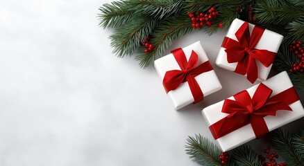 christmas and new year background with white gift boxes, red ribbons, christmas tree branches, and decorations on the edges of the photo. flat lay, top view with space for text or decoration. 