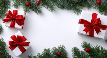 christmas and new year background with white gift boxes, red ribbons, christmas tree branches, and decorations on the edges of the photo. flat lay, top view with space for text or decoration. 