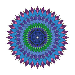 A brightly colored circular pattern composed of repeating geometric shapes