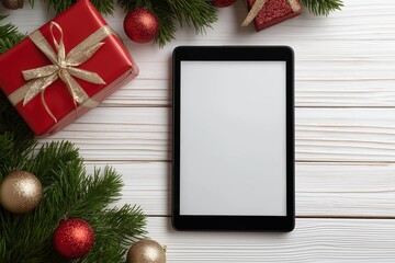 high-quality digital photograph of an empty tablet screen surrounded by christmas decorations and presents on a white wooden background, top view. mockup for design. 