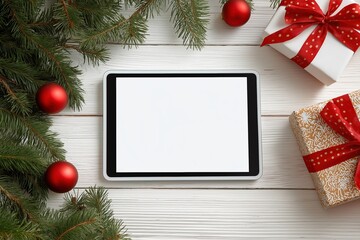 high-quality digital photograph of an empty tablet screen surrounded by christmas decorations and presents on a white wooden background, top view. mockup for design. 