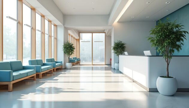 Modern medical office reception features natural light from large windows. Empty waiting area comfortable blue sofas, green plants. Bright clinic interior design creates calm, professional atmosphere