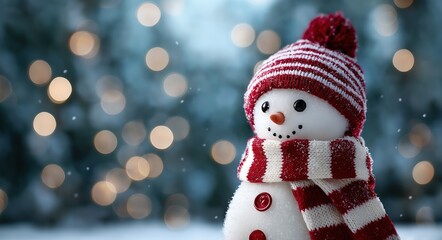 photo of a smiling snowman wearing a red and white striped scarf and hat