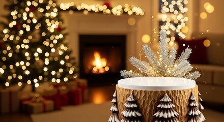 A festive Christmas tree with glowing lights and presents sits beside a cozy fireplace.