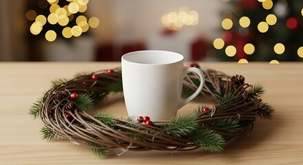 A white mug rests on a rustic Christmas wreath, surrounded by festive bokeh lights.